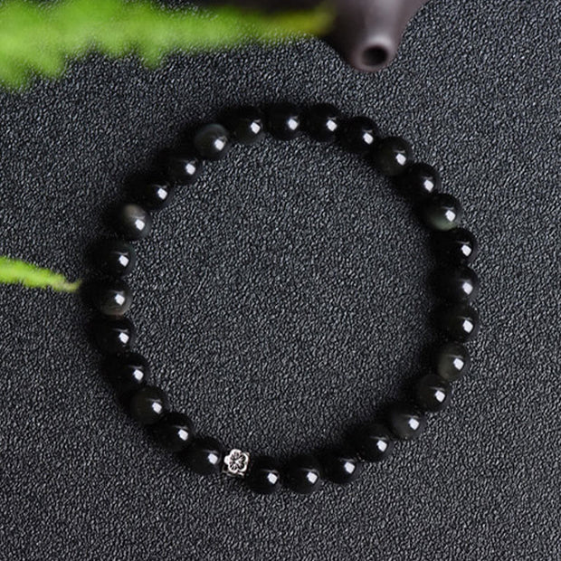 Buddha Stones Black Obsidian Bead 925 Sterling Silver Flower Design Purification Bracelet Bracelet BS 2