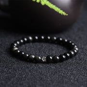 Buddha Stones Black Obsidian Bead 925 Sterling Silver Flower Design Purification Bracelet Bracelet BS Black Obsidian(Wrist Circumference: 16.5cm)