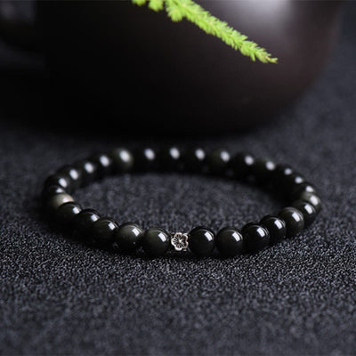 FREE Today: Purification Strength Black Obsidian Bead 925 Sterling Silver Flower Design Bracelet