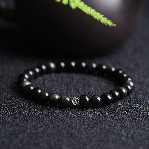 Buddha Stones Black Obsidian Bead 925 Sterling Silver Flower Design Purification Bracelet