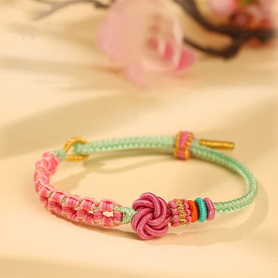 Buddha Stones Handmade Pink Green Peach Blossom Knot Braided Bracelet Bracelet BS Peach Blossom(Wrist Circumference: 14cm-17cm)