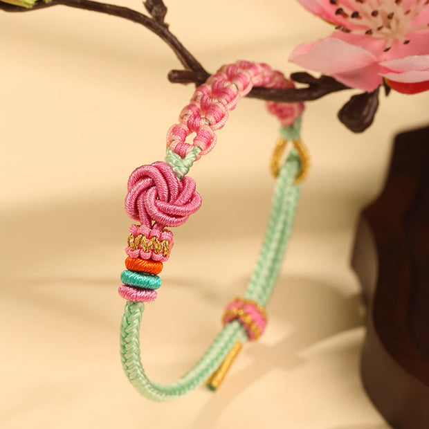 Buddha Stones Handmade Pink Green Peach Blossom Knot Braided Bracelet Bracelet BS 1