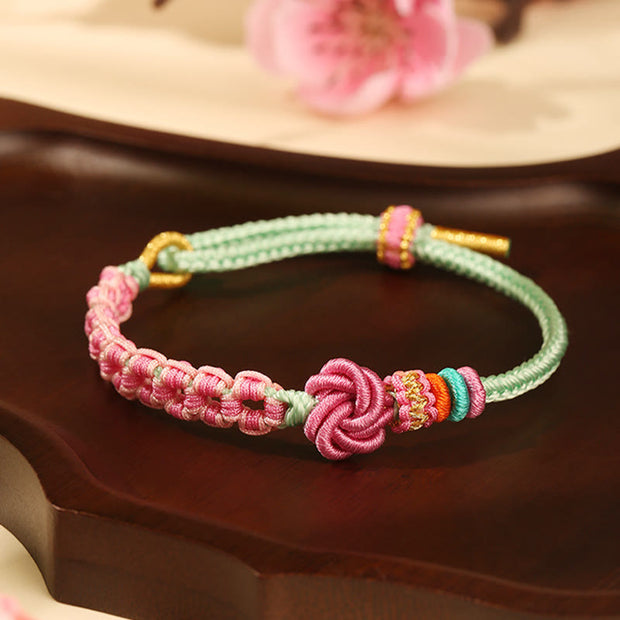 Buddha Stones Handmade Pink Green Peach Blossom Knot Braided Bracelet Bracelet BS 3