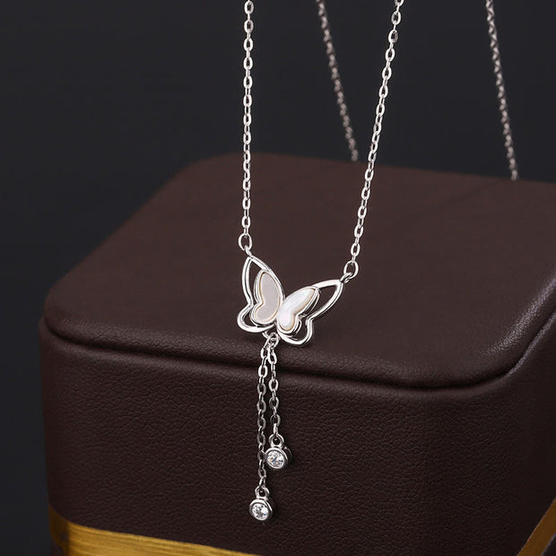 Buddha Stones 999 Sterling Silver Tridacna Stone Butterfly Calm Necklace Pendant Necklaces & Pendants BS 999 Sterling Silver Butterfly