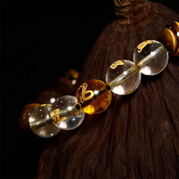 Buddha Stones Chinese Zodiac Tiger Eye White Crystal Courage Bracelet