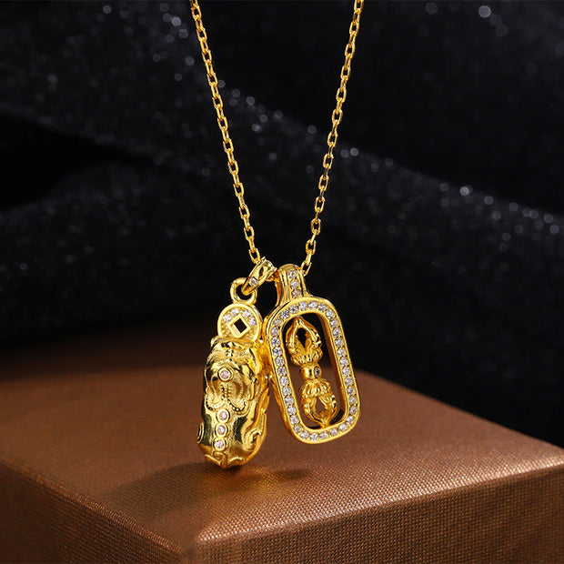 Buddha Stones 999 Sterling Silver Golden Pixiu Copper Coin Vajra Wealth Necklace Pendant Necklaces & Pendants BS 999 Sterling Silver Golden PiXiu Vajra