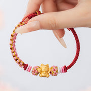 Buddha Stones Handmade 999 Sterling Silver Fortune Cat Ingot Peach Blossom Luck Red Rope Bracelet