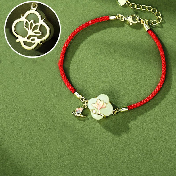 Buddha Stones 925 Sterling Silver Hetian Jade Magnolia Flower Butterfly Luck Chain Bracelet Bracelet BS 2