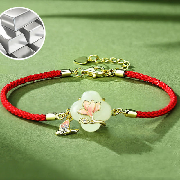 Buddha Stones 925 Sterling Silver Hetian Jade Magnolia Flower Butterfly Luck Chain Bracelet Bracelet BS 3