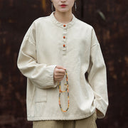 Buddha Stones Retro Solid Color Thermal Long Sleeve Ramie Linen Women's Shirt Women's Shirts BS LemonChiffon US4-8/10，UK/AU8-12/14，EU36-40/42 (F)