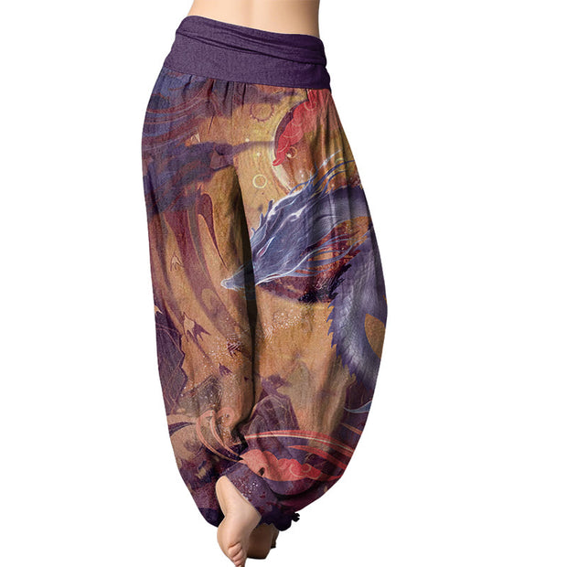 Buddha Stones Dragon Auspicious Clouds Pattern Women's Elastic Waist Harem Pants