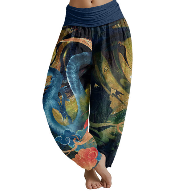 Buddha Stones Dragon Auspicious Clouds Pattern Women's Elastic Waist Harem Pants