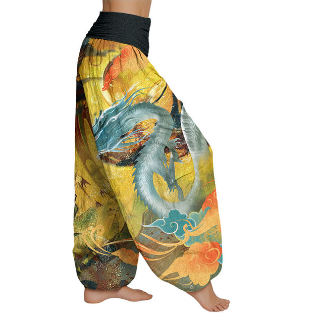 Buddha Stones Dragon Auspicious Clouds Pattern Women's Elastic Waist Harem Pants