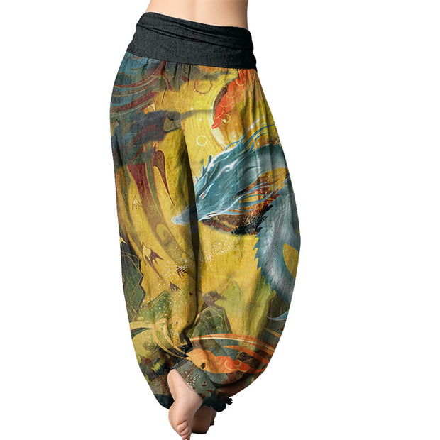 Buddha Stones Dragon Auspicious Clouds Pattern Women's Elastic Waist Harem Pants