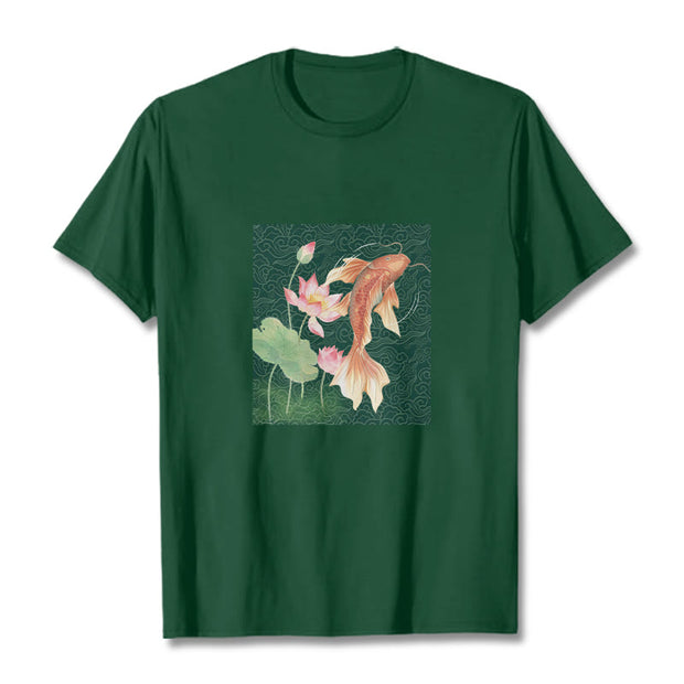 Buddha Stones Koi Fish Lotus Combination Cotton Tee T-shirt T-Shirts BS ForestGreen 2XL