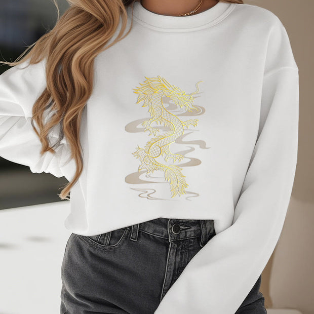 Buddha Stones Golden Dragon Design Fleece Lined Polyester Sweatshirt