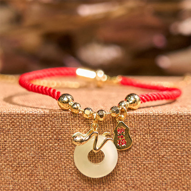 Buddha Stones Copper Plated Gold Peace Buckle Fu Character Year Of The Snake Red String Luck Bracelet