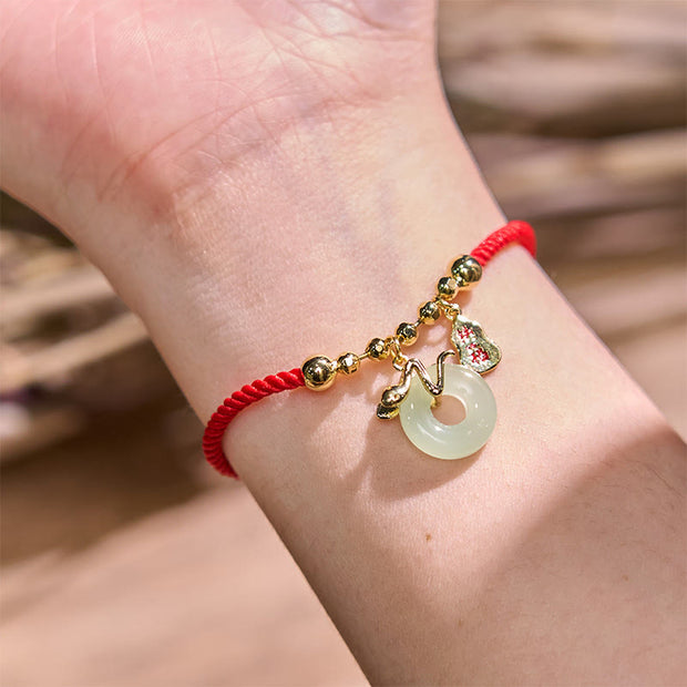 Buddha Stones Copper Plated Gold Peace Buckle Fu Character Year Of The Snake Red String Luck Bracelet