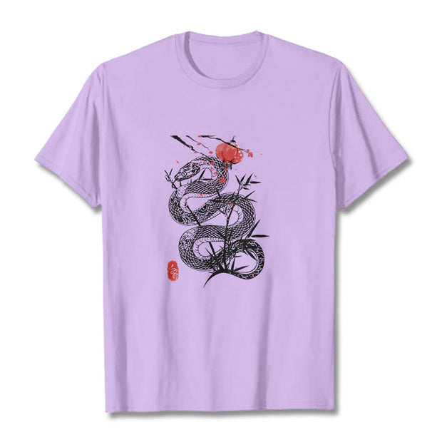 Buddha Stones Lantern Bamboo Leaves Snake Design Cotton Tee T-shirt T-Shirts BS Plum 2XL