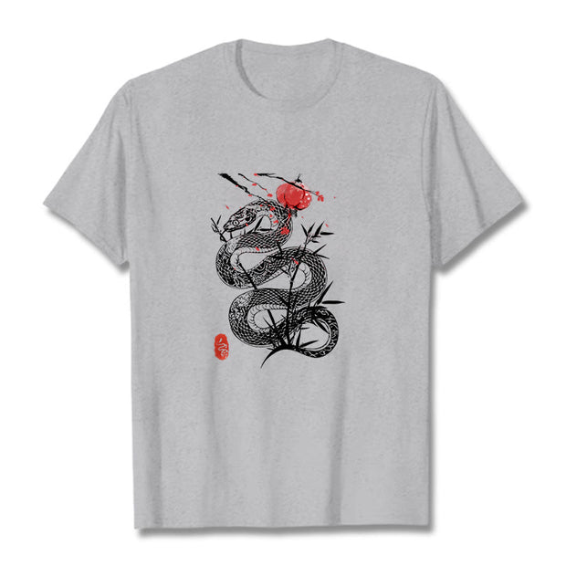 Buddha Stones Lantern Bamboo Leaves Snake Design Cotton Tee T-shirt T-Shirts BS LightGrey 2XL