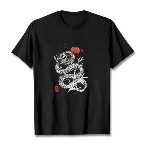 Buddha Stones Lantern Bamboo Leaves Snake Design Cotton Tee T-shirt T-Shirts BS Black 2XL