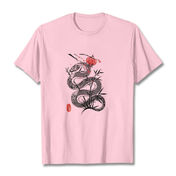 Buddha Stones Lantern Bamboo Leaves Snake Design Cotton Tee T-shirt T-Shirts BS LightPink 2XL