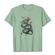 Buddha Stones Lantern Bamboo Leaves Snake Design Cotton Tee T-shirt