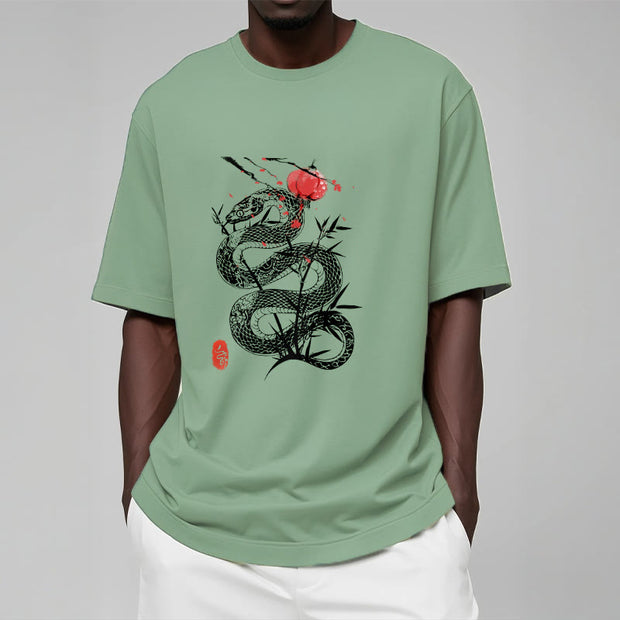 Buddha Stones Lantern Bamboo Leaves Snake Design Cotton Tee T-shirt