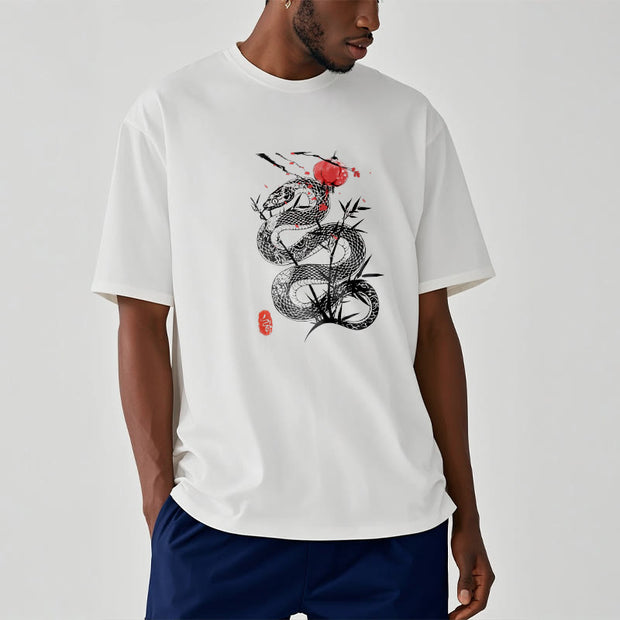 Buddha Stones Lantern Bamboo Leaves Snake Design Cotton Tee T-shirt T-Shirts BS White 2XL