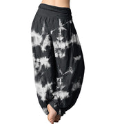 Buddha Stones White Lines Spots Tie-Dye Pattern Women's Elastic Waist Harem Pants