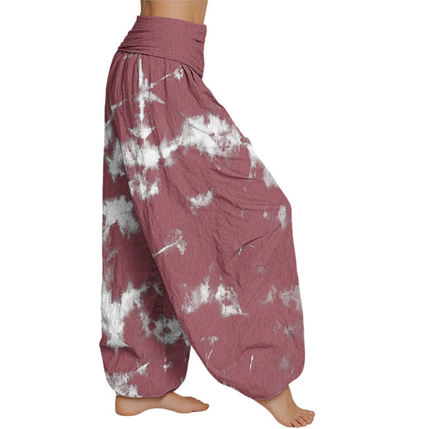 Buddha Stones White Lines Spots Tie-Dye Pattern Women's Elastic Waist Harem Pants