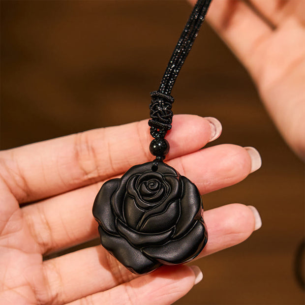 Buddha Stones Black Obsidian String Black Rose Purification Necklace Pendant