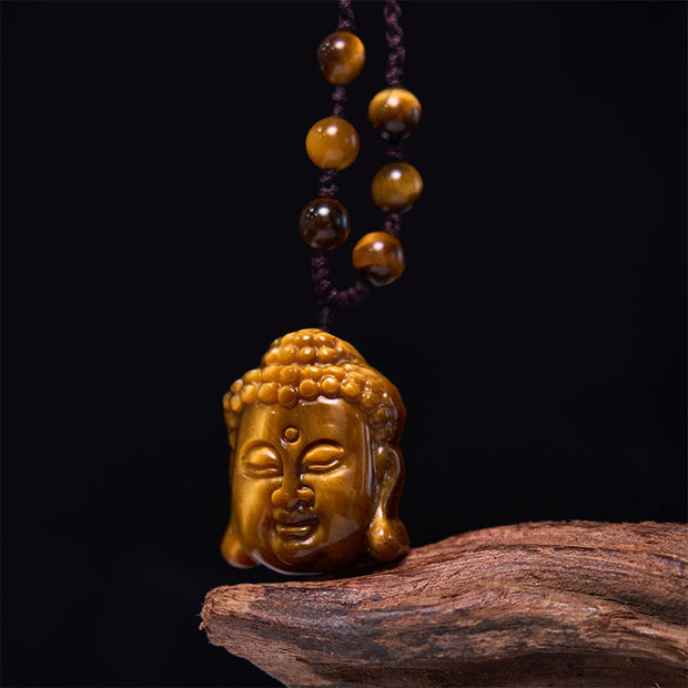 Buddha Stones Tiger Eye String Buddha Head Courage Necklace Pendant