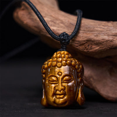 Buddha Stones Tiger Eye String Buddha Head Courage Necklace Pendant