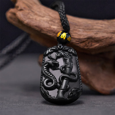 Buddha Stones Chinese Zodiac Obsidian Purification Fulfilment Necklace Pendant Necklaces & Pendants BS Snake Obsidian 47.2*32.7*10MM