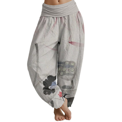 Buddha Stones Ink Lotus Flowers Leaves Koi Fish Pattern Women's Elastic Waist Harem Pants