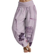 Buddha Stones Ink Lotus Flowers Leaves Koi Fish Pattern Women's Elastic Waist Harem Pants