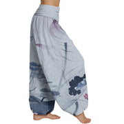 Buddha Stones Ink Lotus Flowers Leaves Koi Fish Pattern Women's Elastic Waist Harem Pants