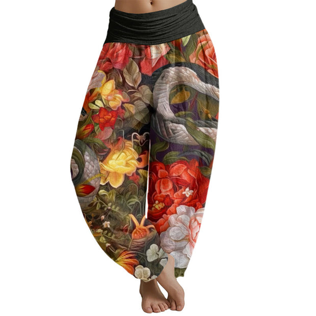 Buddha Stones Snake Peony Flowers Leaf Pattern Women's Elastic Waist Harem Pants