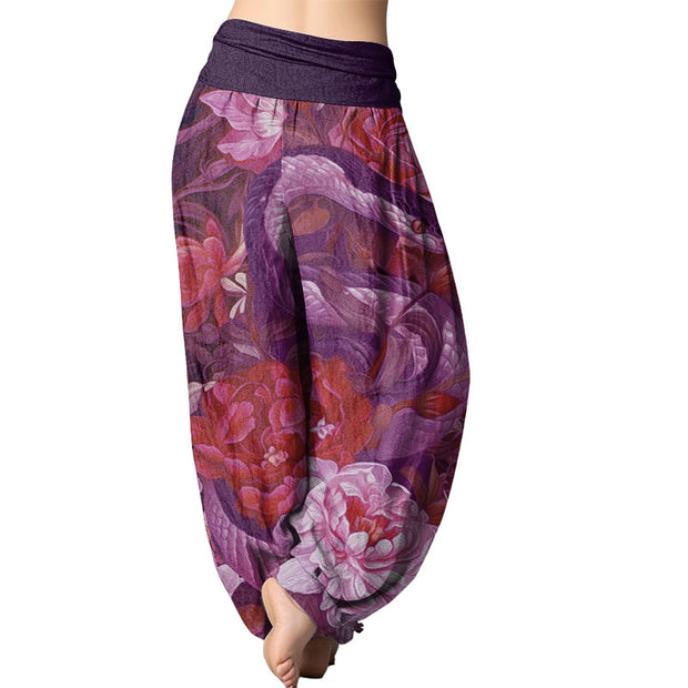 Buddha Stones Snake Peony Flowers Leaf Pattern Women's Elastic Waist Harem Pants