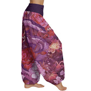 Buddha Stones Snake Peony Flowers Leaf Pattern Women's Elastic Waist Harem Pants