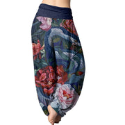 Buddha Stones Snake Peony Flowers Leaf Pattern Women's Elastic Waist Harem Pants