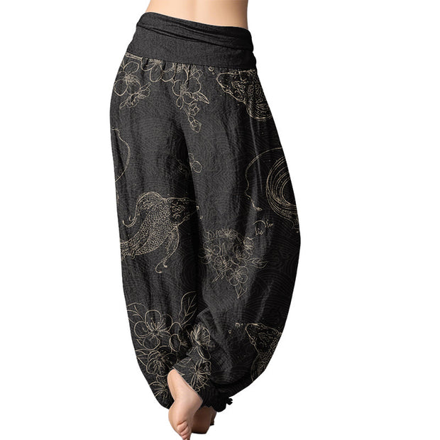 Buddha Stones Koi Fish Floral Pattern Women's Elastic Waist Harem Pants