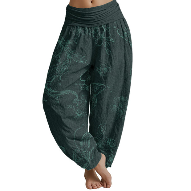 Buddha Stones Koi Fish Floral Pattern Women's Elastic Waist Harem Pants