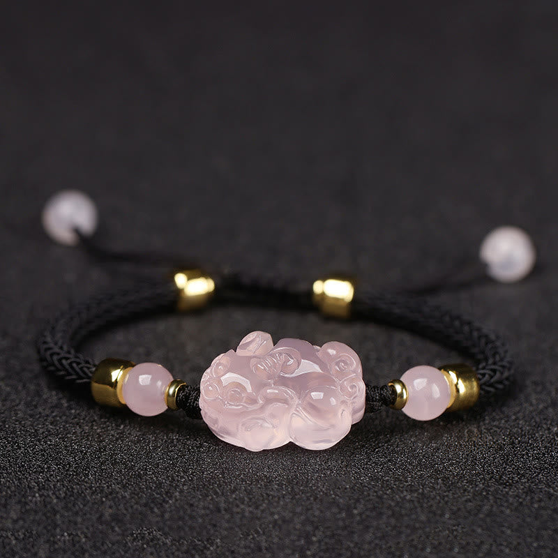 14kgfイチョウカービングブレスレット Buddha Stones PiXiu Pink Crystal Wealth String Braided Bracelet