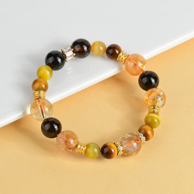 Buddha Stones Natural Citrine Smoky Quartz Tiger Eye Duobao Crystal Prosperity Bracelet