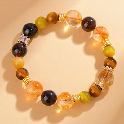 Buddha Stones Natural Citrine Smoky Quartz Tiger Eye Duobao Crystal Prosperity Bracelet Bracelet BS Citrine Smoky Quartz Tiger Eye(Wrist Circumference: 15-16cm)