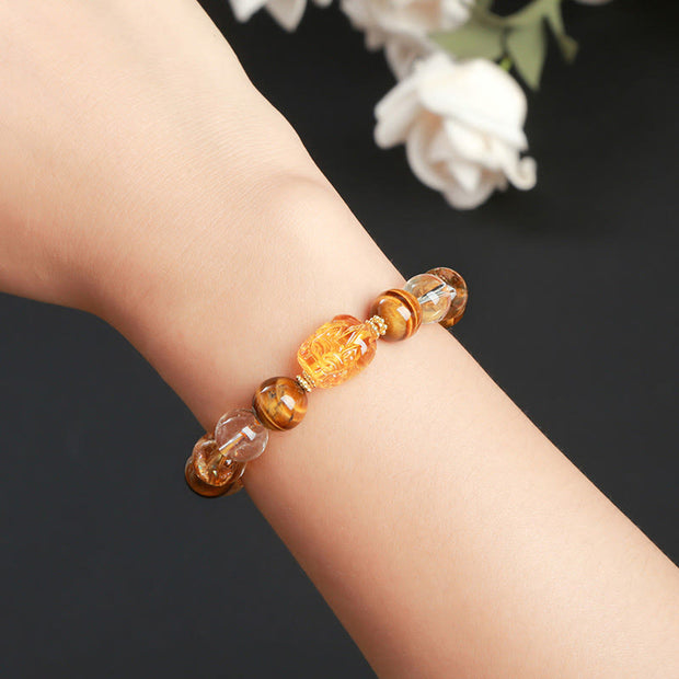 Buddha Stones Natural Yellow Tiger Eye Citrine Beeswax Pixiu Strength Bracelet Bracelet BS 3