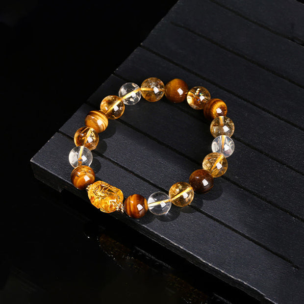 Buddha Stones Natural Yellow Tiger Eye Citrine Beeswax Pixiu Strength Bracelet Bracelet BS 9