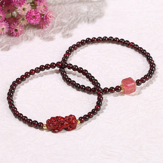 Buddha Stones Garnet Cinnabar PiXiu Strawberry Quartz Square Bead Protection Bracelet Bracelet BS 15